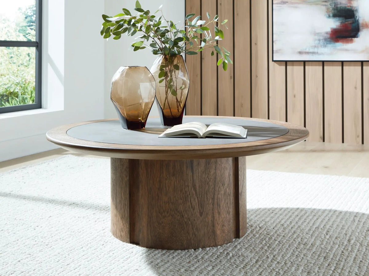 Dontayne Round End Table | Faux Cement Top | Warm Wood-Tone Finish | 24 Inch Diameter