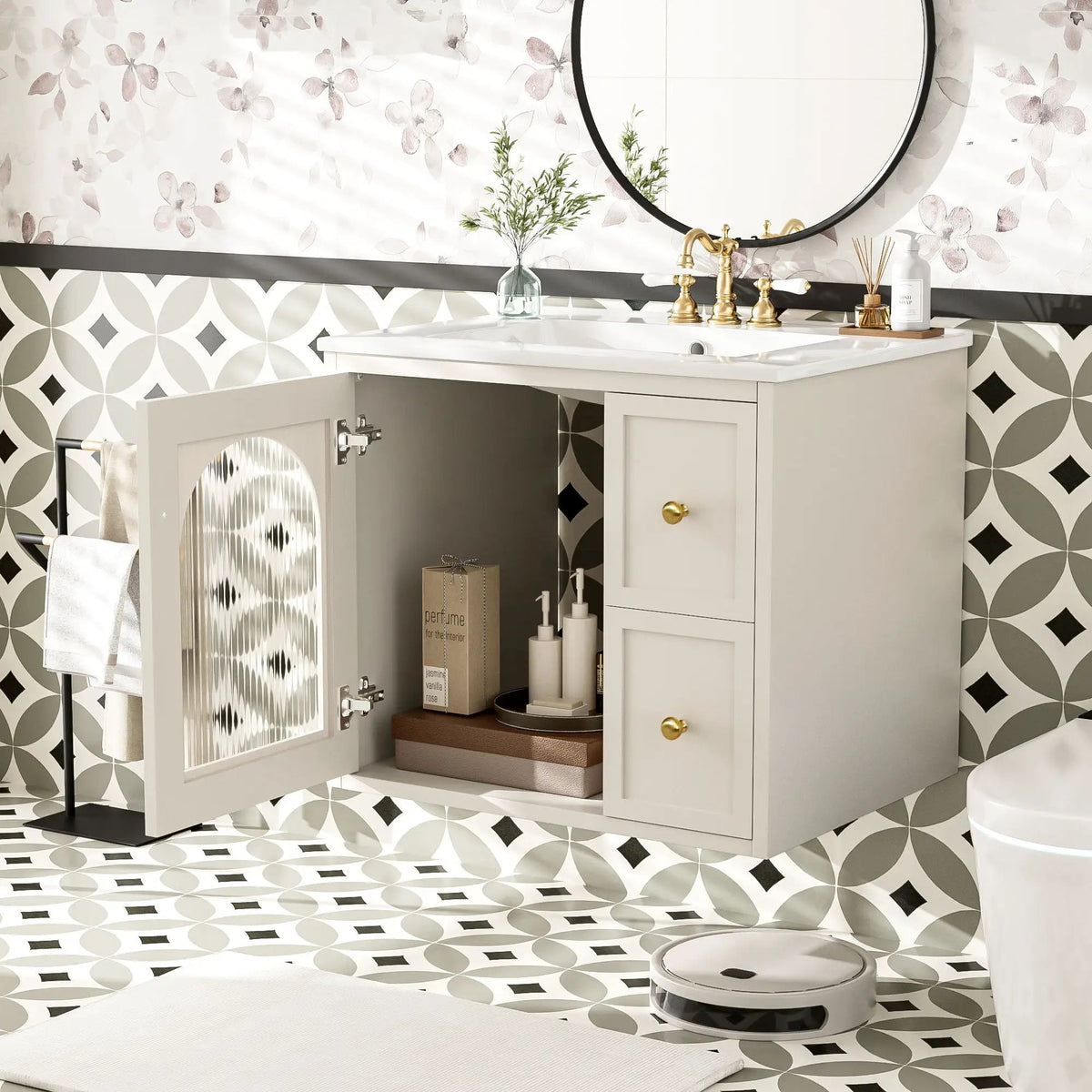 Wall-Mounted Bathroom Vanity Set | Sink Included | 2 Drawers | Soft-Close Glass Door Cabinet