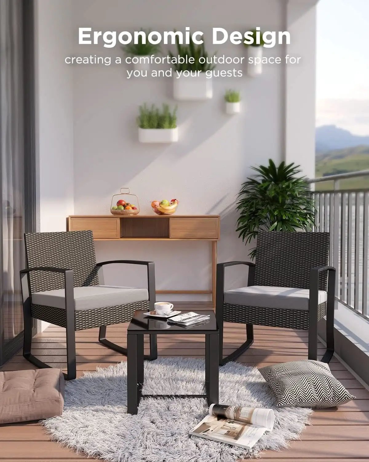 3 Piece Rattan Rocking Bistro Set With Coffee Table Outdoor Patio Furniture Grey Cushions from PriceLows™