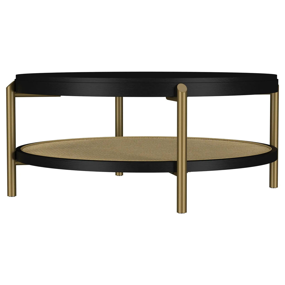 Arini Round Coffee Table With Storage Shelf | 40.75 x 40.75 x 17.25 in | Rattan & Metal | Black