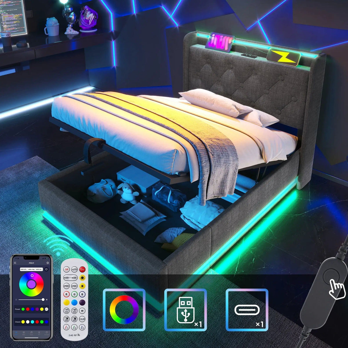 Upholstered Bed, 360 Surround LED Function, Remote Control, Hydraulic Storage Bed | 8 Pieces | Fabric & Iron | Bedroom