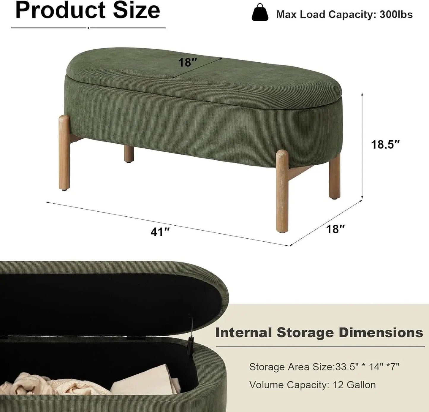 Green Oversized Storage Solution Bench Ottoman Bedroom from PriceLows™