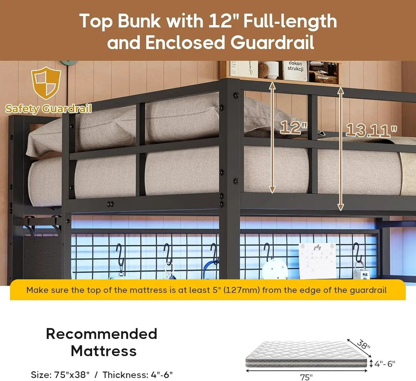 Black Full Over Twin Metal Bunk Bed With Desk LED Lights from PriceLows™