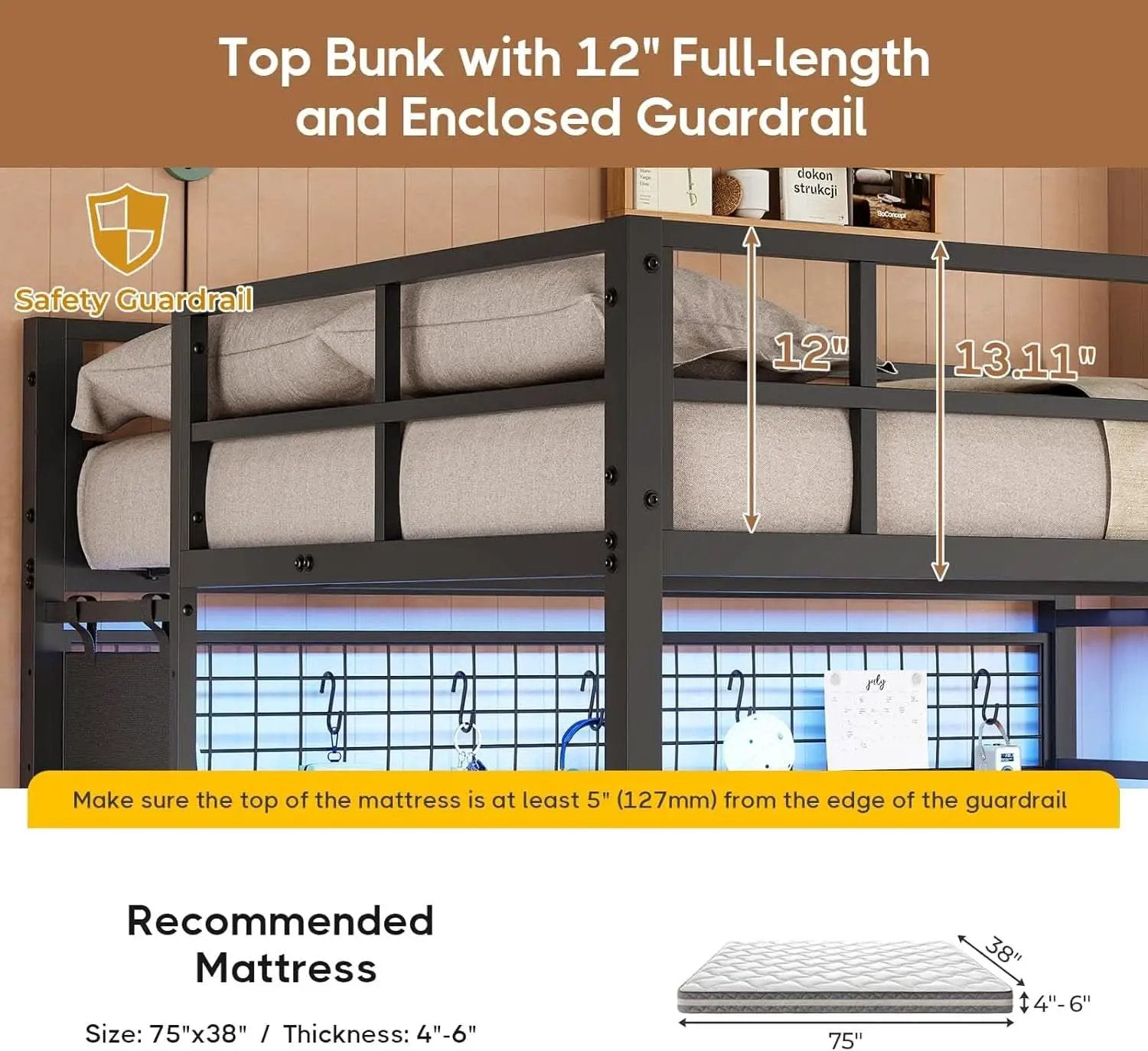 Black Full Over Twin Metal Bunk Bed With Desk LED Lights from PriceLows™