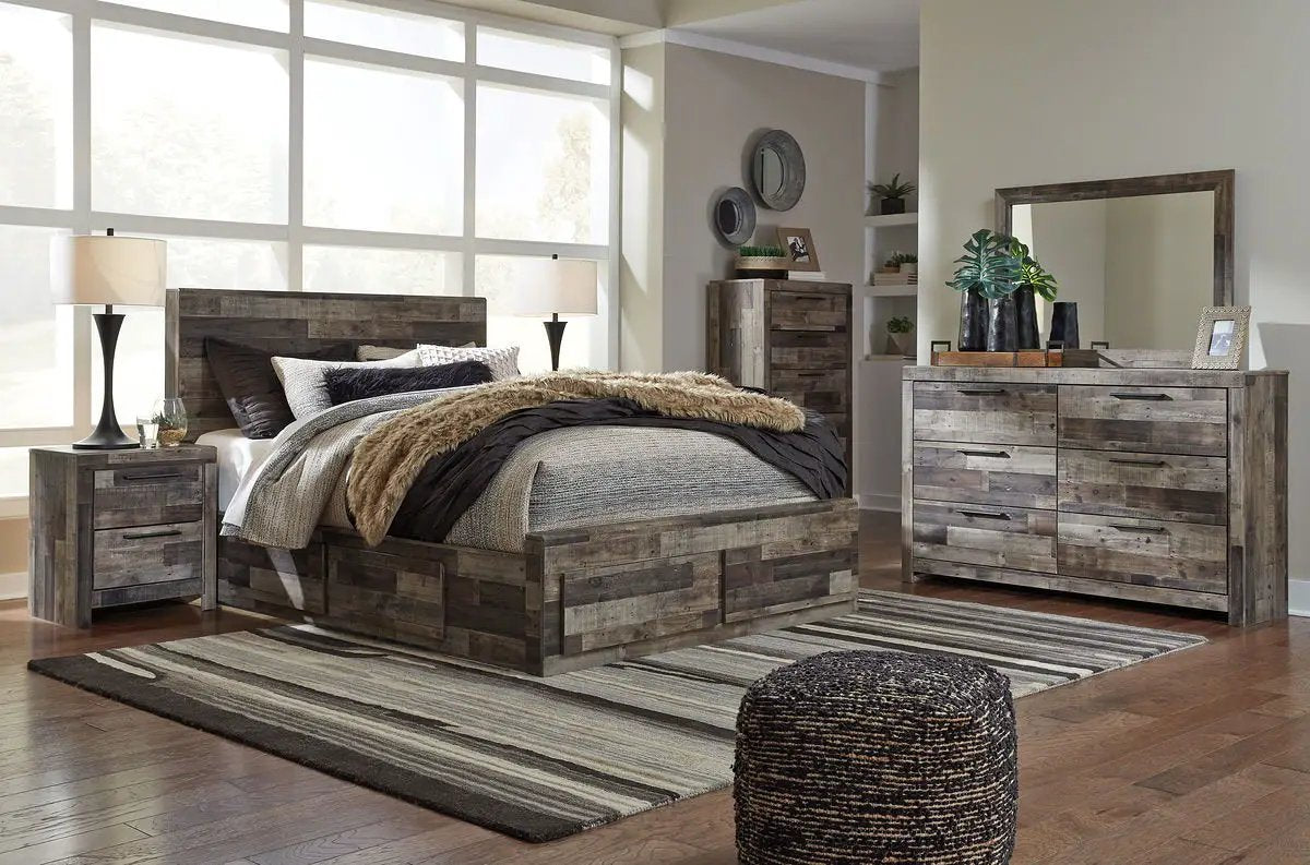 Derekson Panel Bedroom Set | 4-Piece | Rustic Butcher Block Finish | Replicated Pine Grain