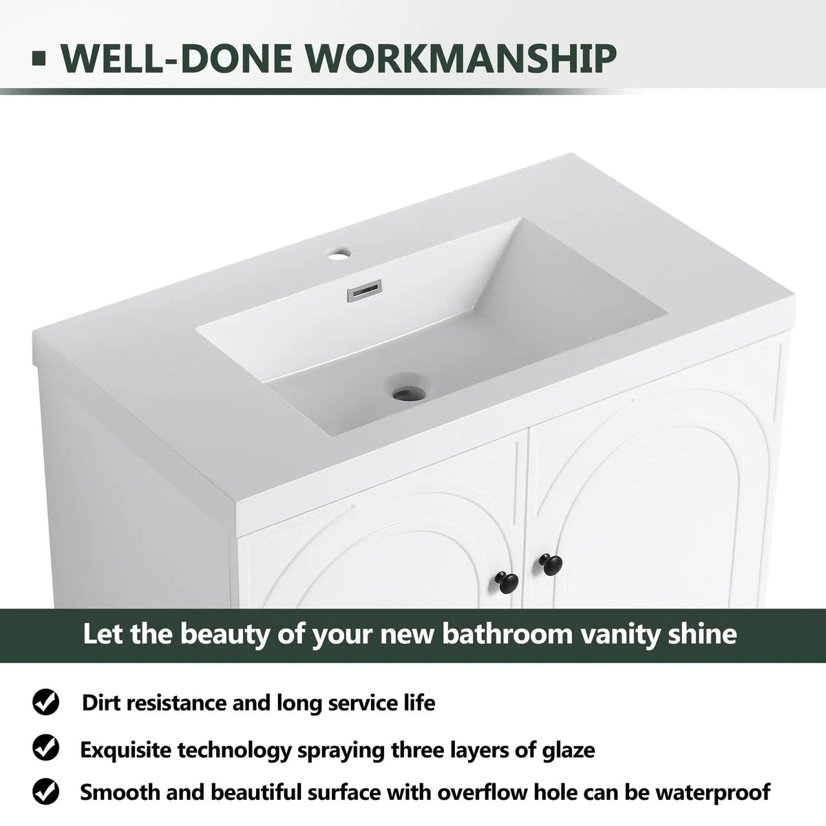Contemporary Freestanding Bathroom Vanity With Resin Sink & Soft-Close Cabinet Doors | 7 Pieces | Stainless Steel & Plywood | Bathroom