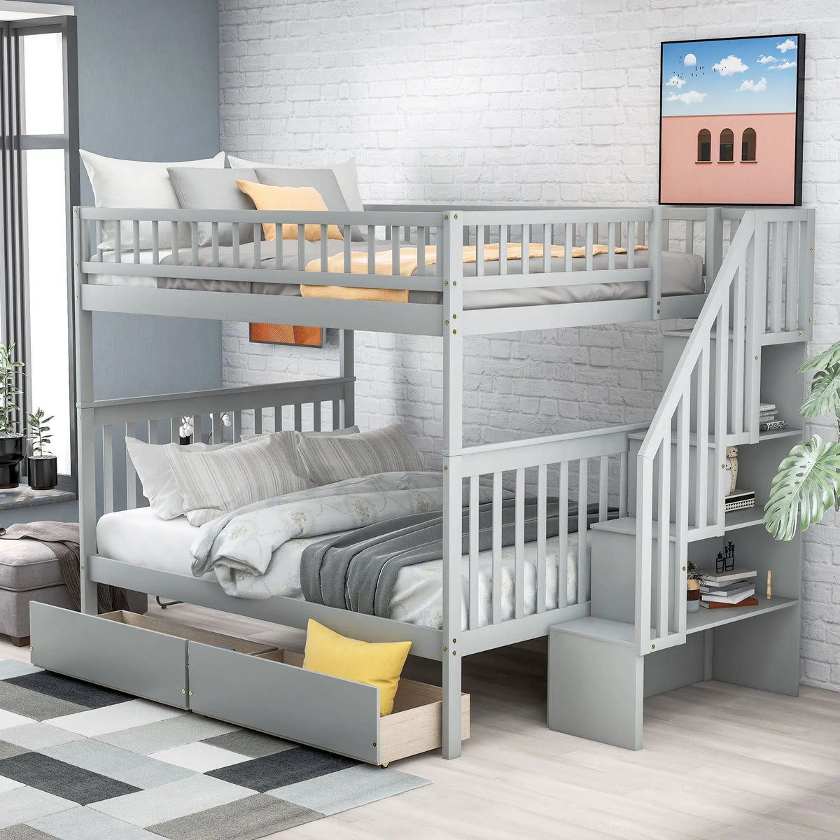 Twin Over Full Bunk Bed | Built In Staircase | Steel Frame
