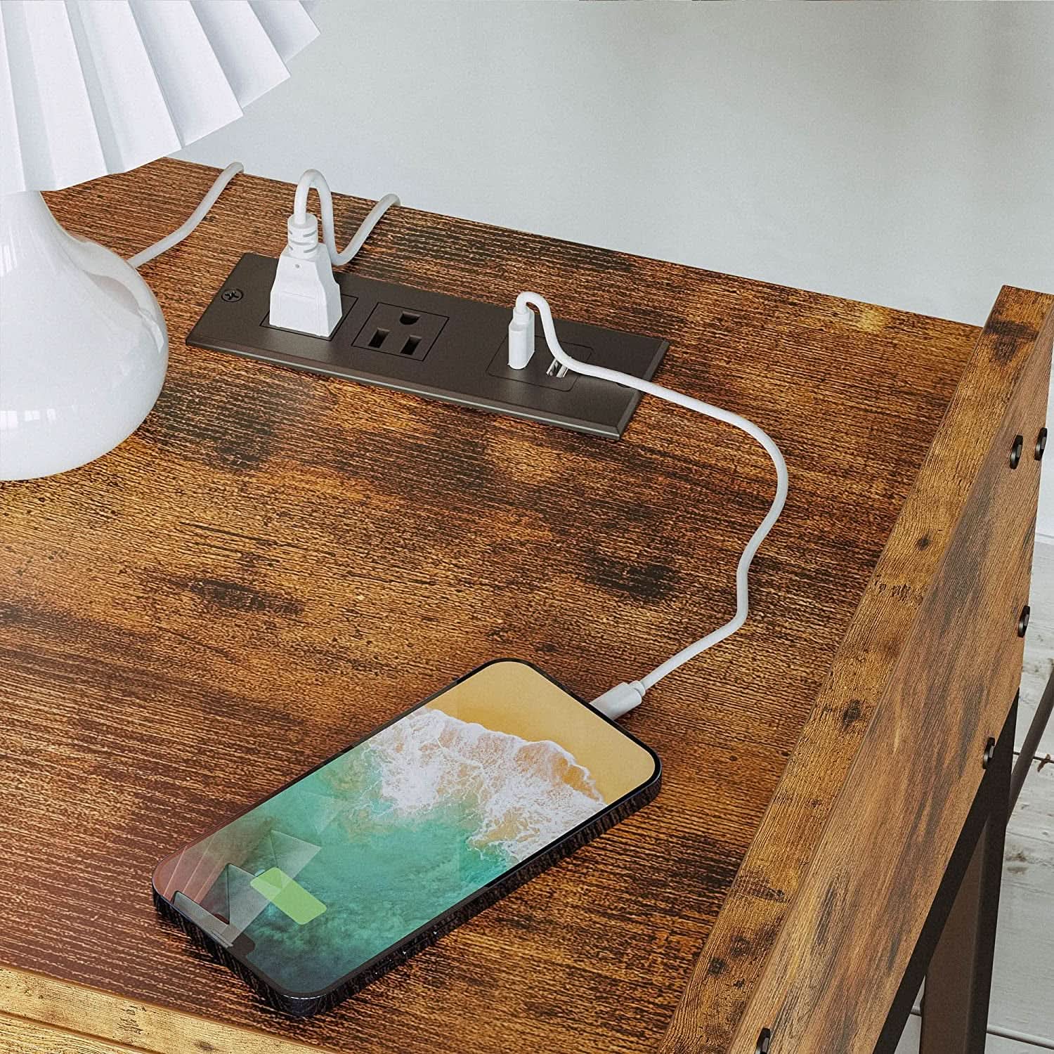 Bedside Table With Charging Station In Vintage Brown from PriceLows™