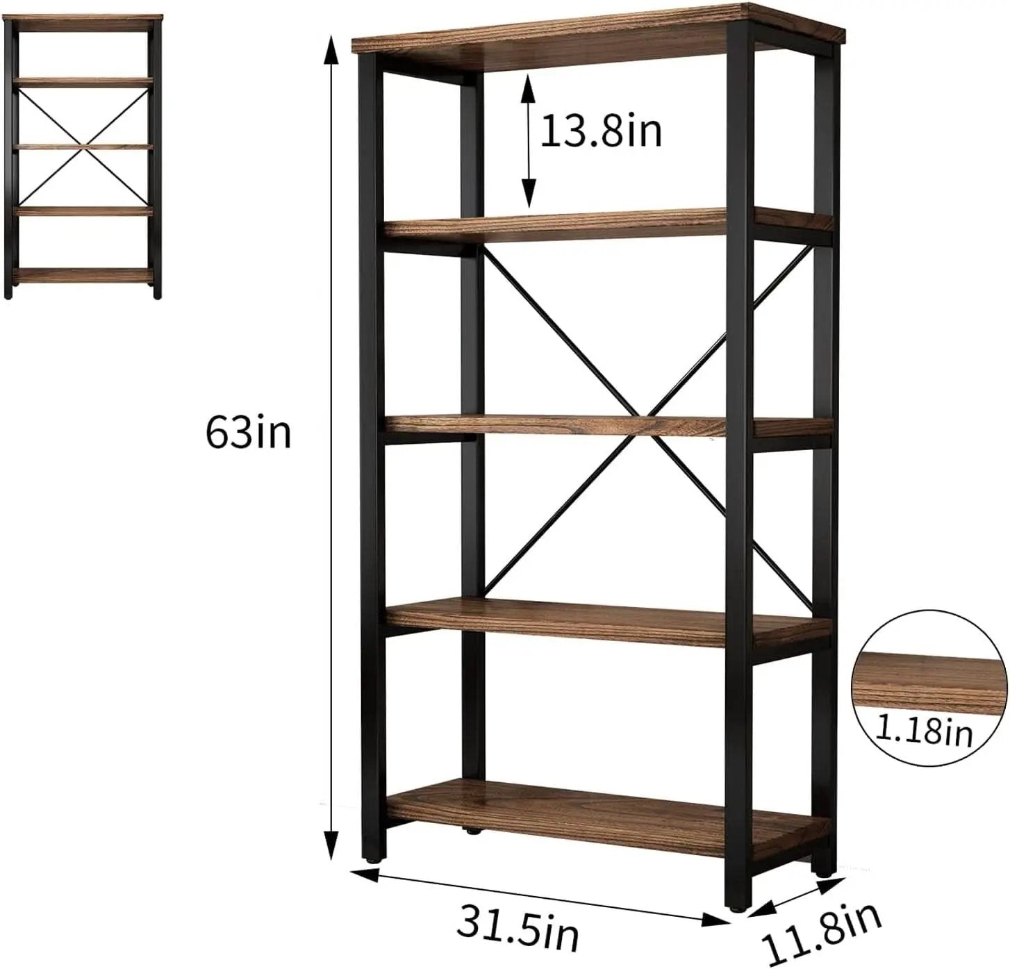 5 Tier Industrial Solid Wood Bookcase With Metal Frame from PriceLows™