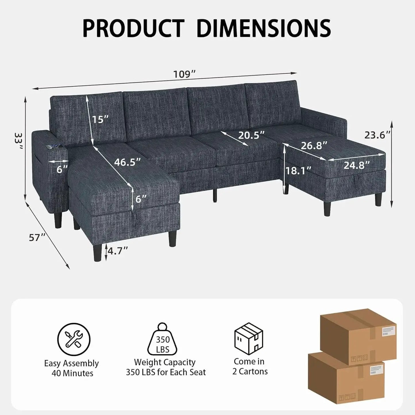 Blue Sectional Sofa With Reversible Chaise And Ottoman from PriceLows™