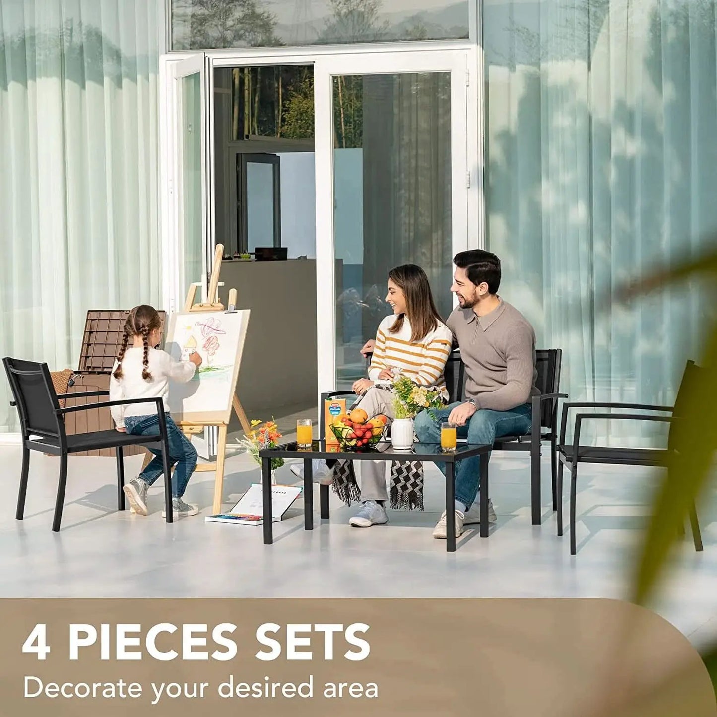 4 Piece Outdoor Patio Set With Glass Table Black Durable from PriceLows™