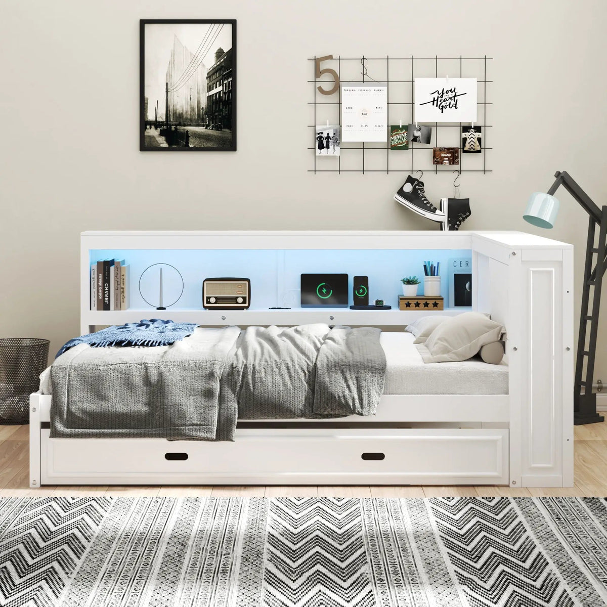 Daybed With Trundle | Storage Shelves | LED Strip With Remote | USB Charging