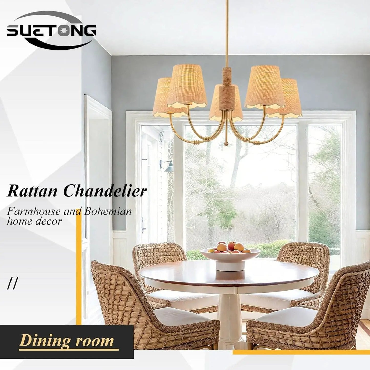 Antique Brass Boho Rattan Chandelier Pendant Dimmable from PriceLows™
