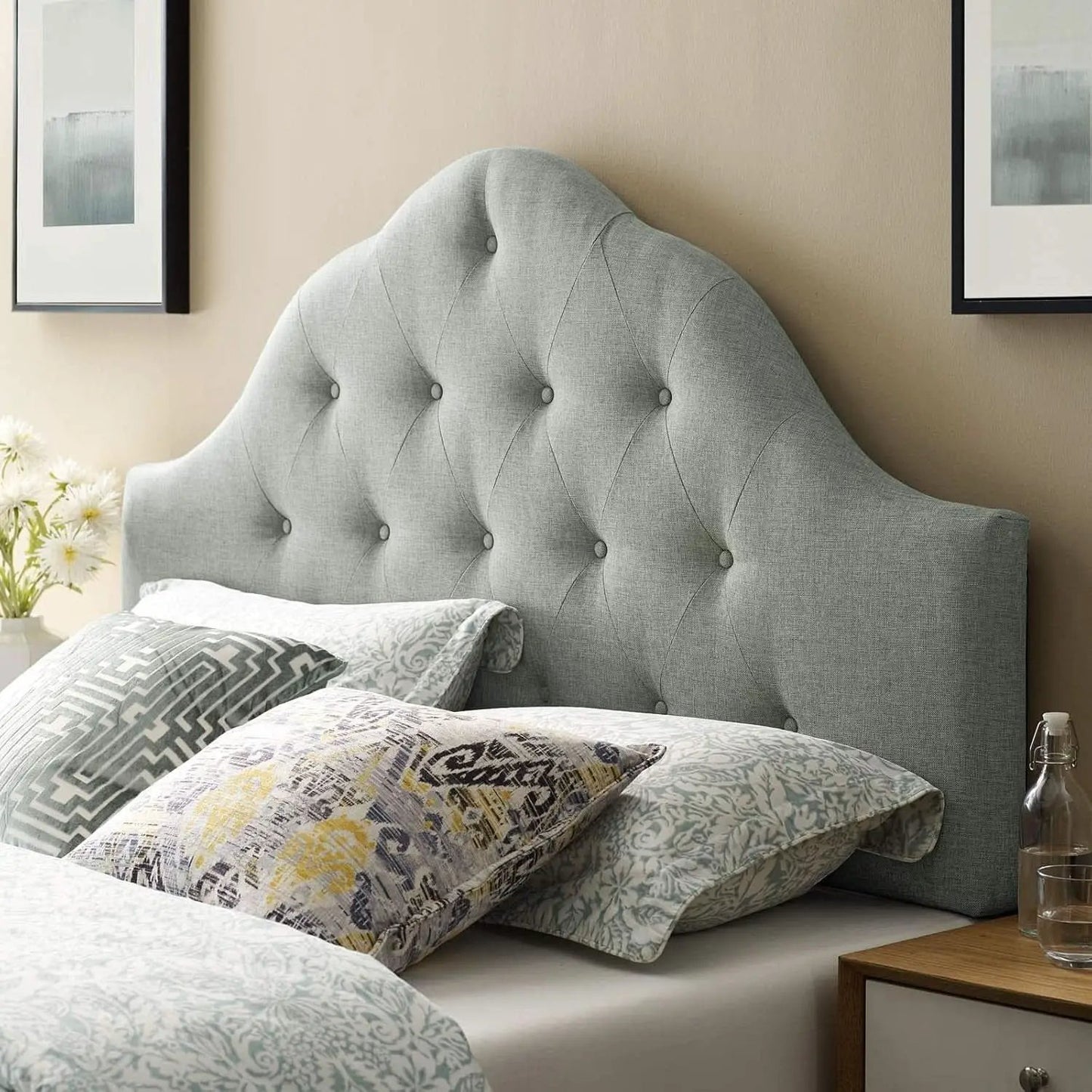 Tufted Linen Upholstered Queen Headboard with High Arch from PriceLows™
