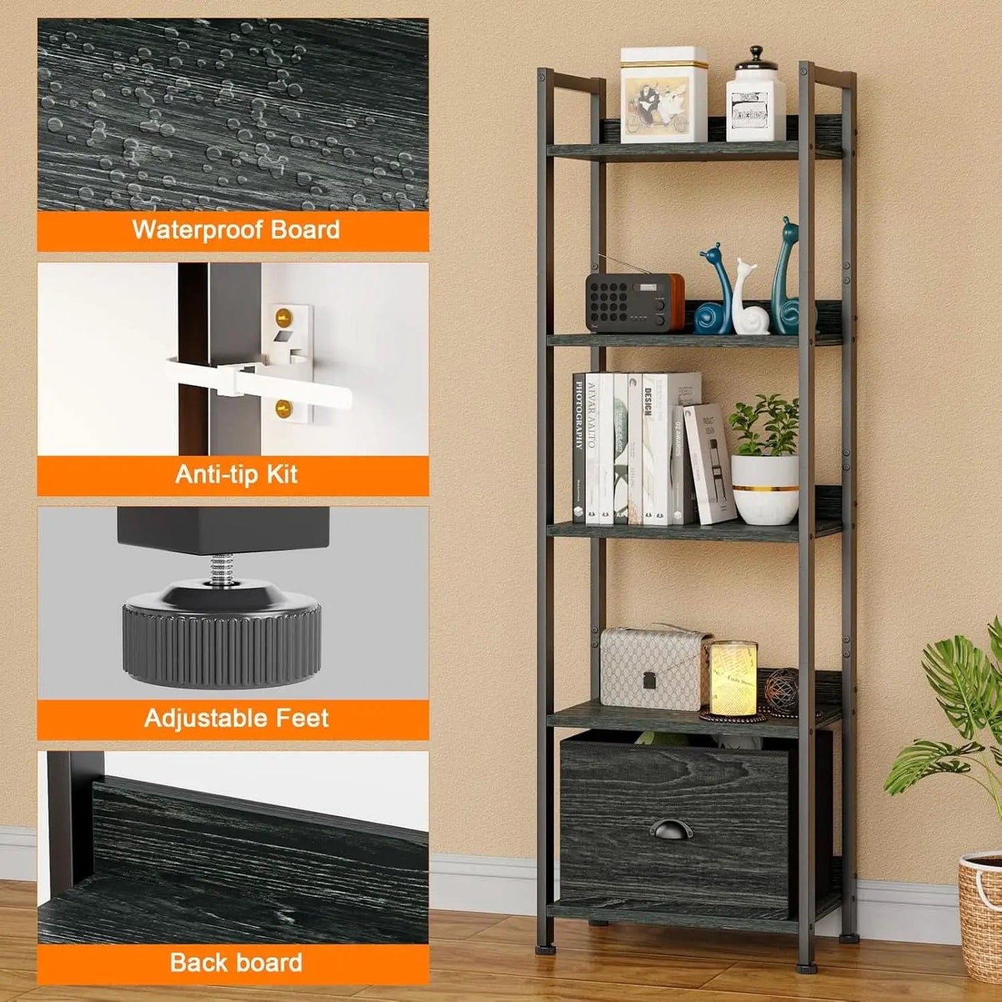 5 Tier Bookshelf With Drawer Black In Modern Rustic Style from PriceLows™