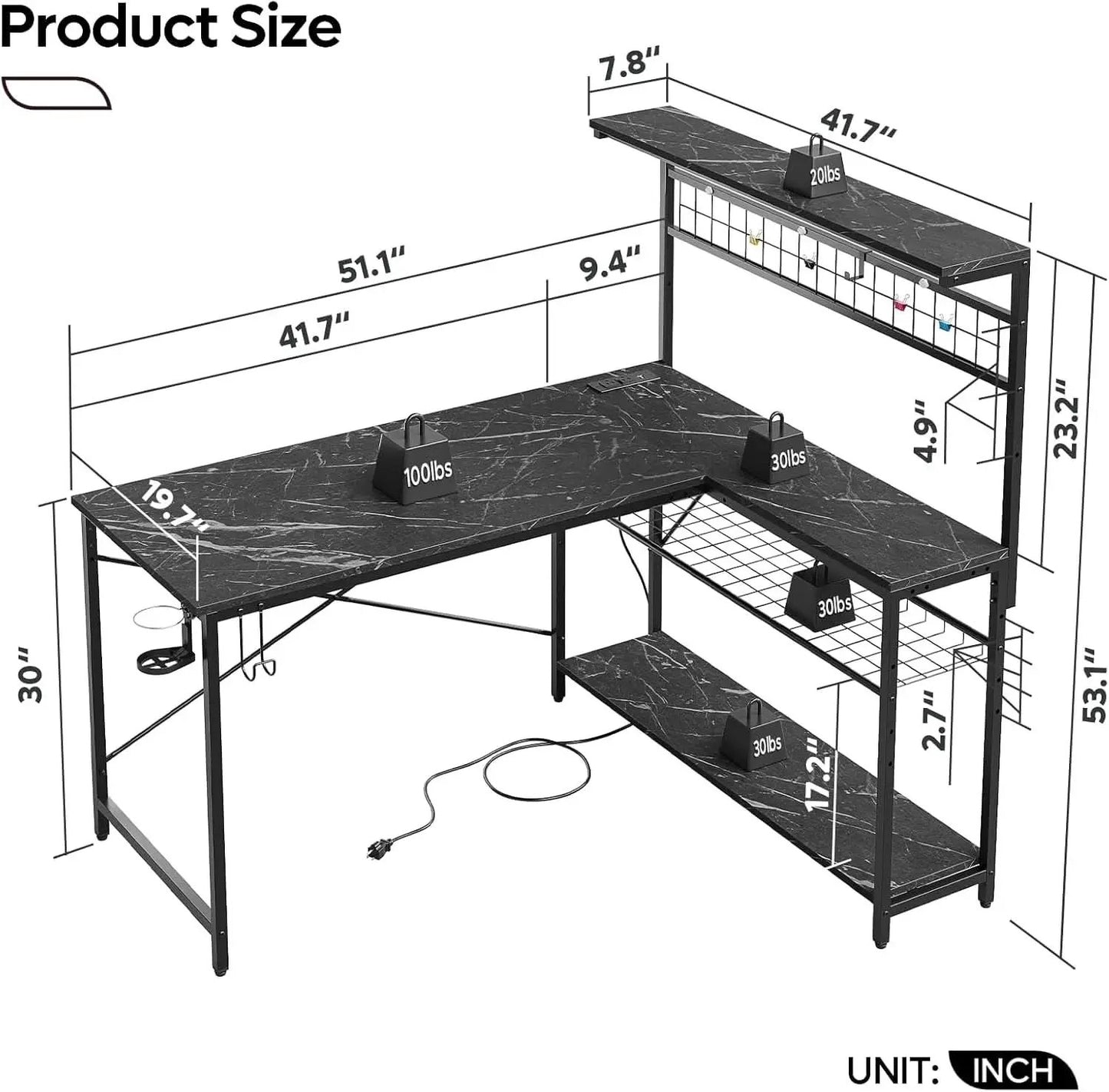 51 Inch L Shaped Gaming Desk With LED Lights 4 Tier Shelves from PriceLows™
