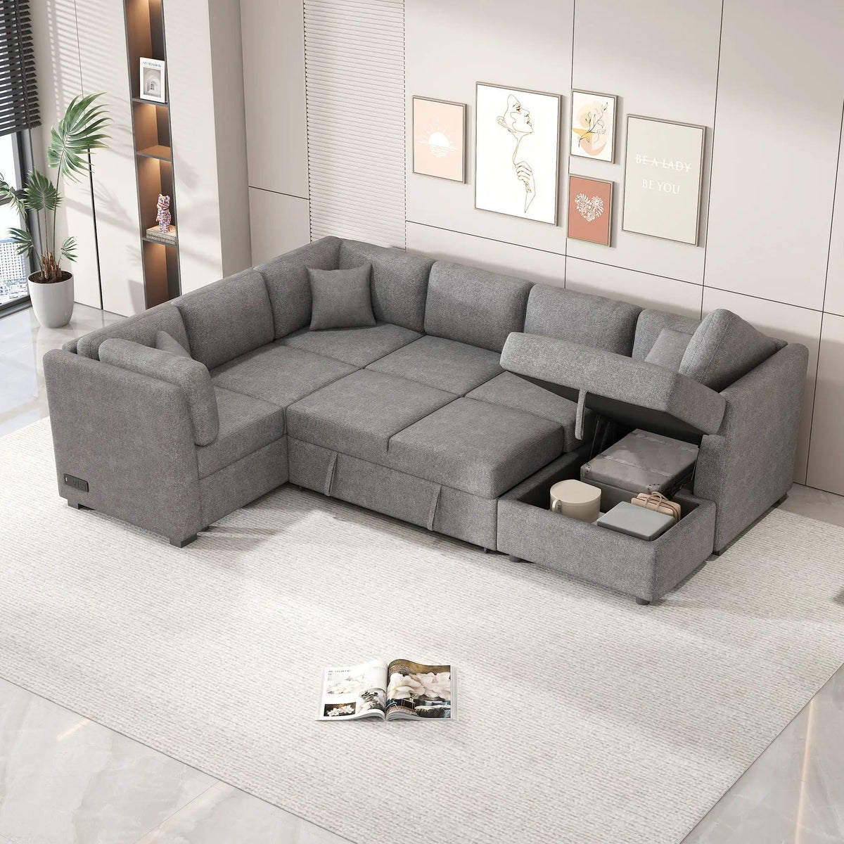 U-Shaped Sectional Sofa Pull Out Sofa Bed With Two USB Ports, Two Power Sockets | 3 Pieces | Fabric | Bedroom
