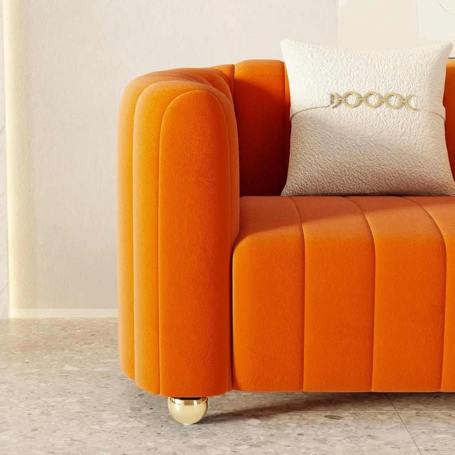 Orange Velvet Tufted Sofa Set With Gold Ball Legs Modern from PriceLows™