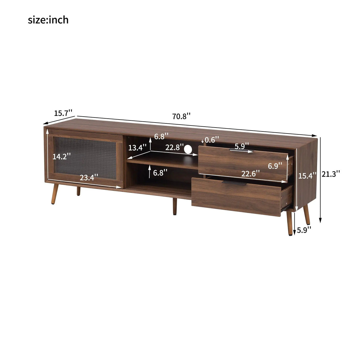 Walnut TV Stand | Media Console | 2 Doors 2 Drawers | Solid Wood Legs