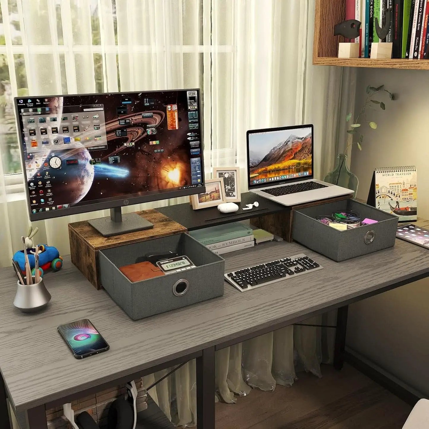 Dual Monitor Stand Riser For Two Monitors With Two Drawers from PriceLows™
