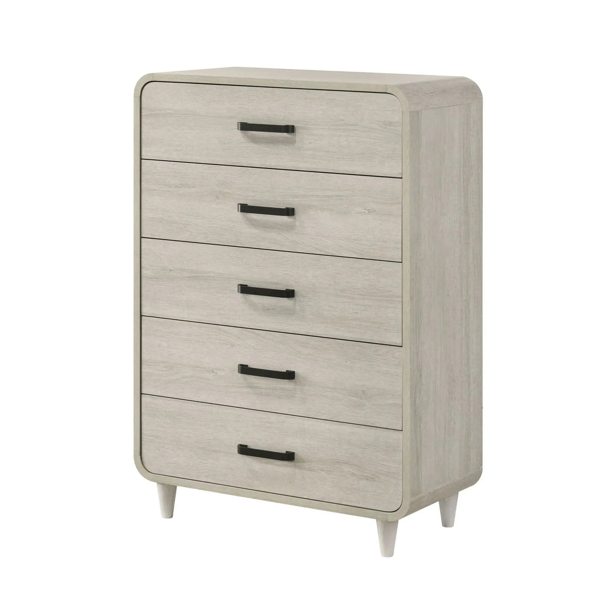 5 Drawer Tall Chest | Antique White Finish | Rounded Edges | Contemporary Style