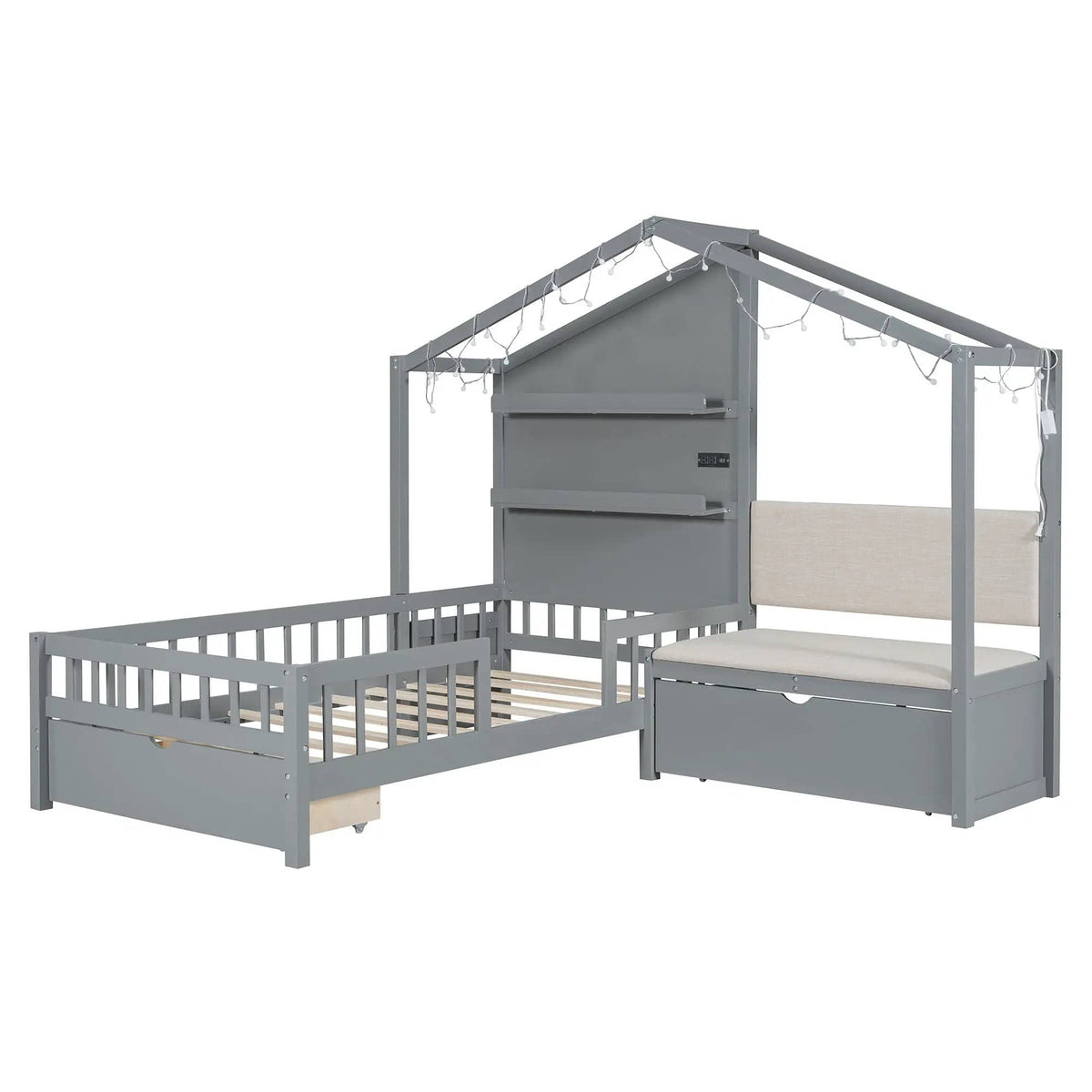 House Bed With Upholstered Sofa, Wireless Charging Station, Shelves And 2 Drawers | 2 Pieces | 2-Drawer | Bedroom