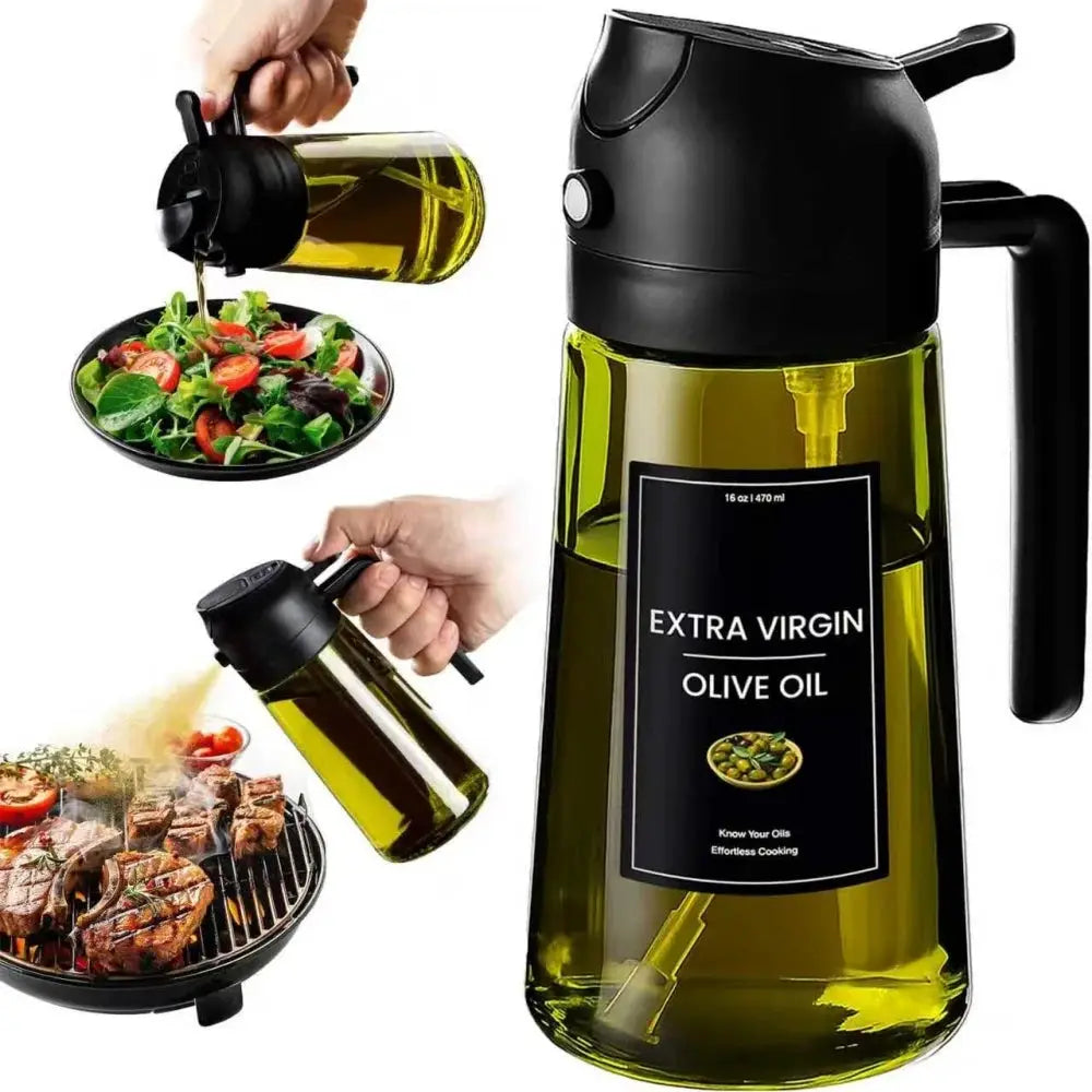 Olive Oil Dispenser Bottle | 470ml | Dark Green Glass | 2 In 1 Sprayer