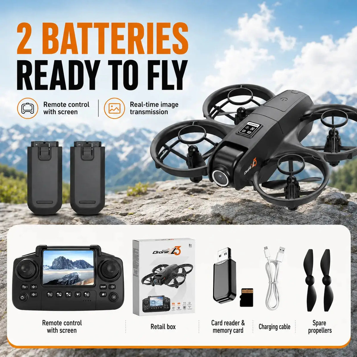 Mini RC Quadcopter | Dual Camera | Optical Flow Hover | 2 Batteries