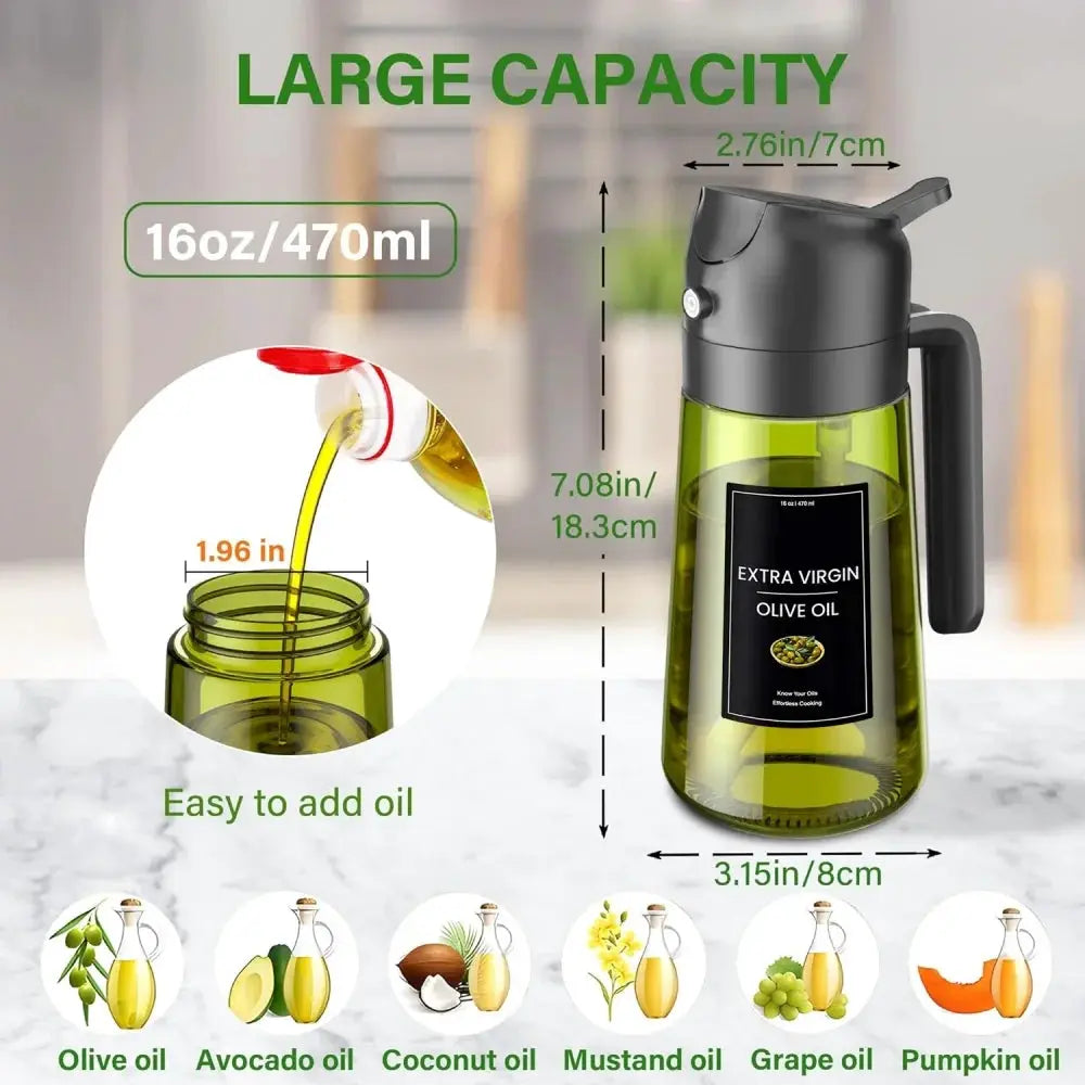 Olive Oil Dispenser Bottle | 470ml | Dark Green Glass | 2 In 1 Sprayer