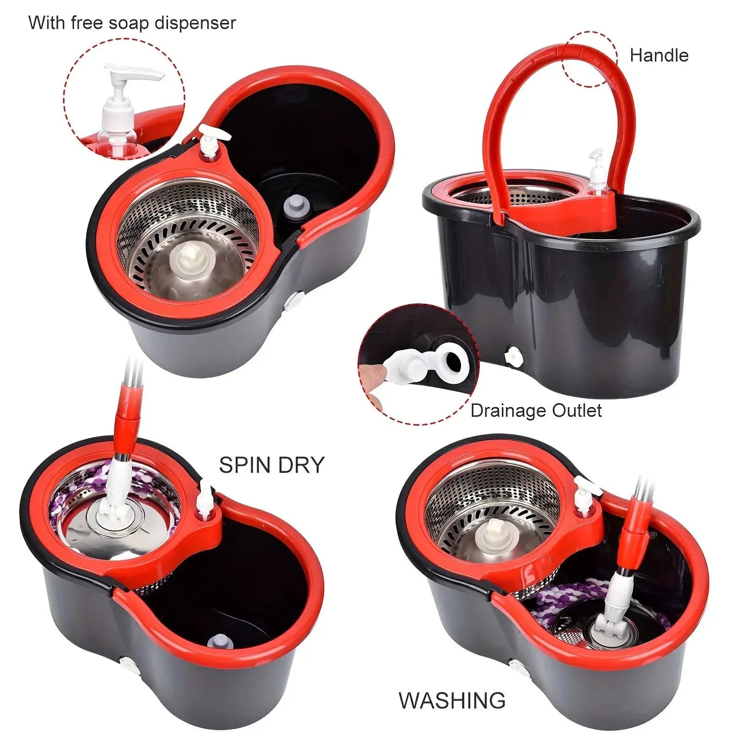 Mop Bucket with Wringer Set, 360 Rotation Mop Bucket Systerm for Floor Cleaning with 3 Microfiber Mop Head for Office And Home Use, Black from PriceLows™