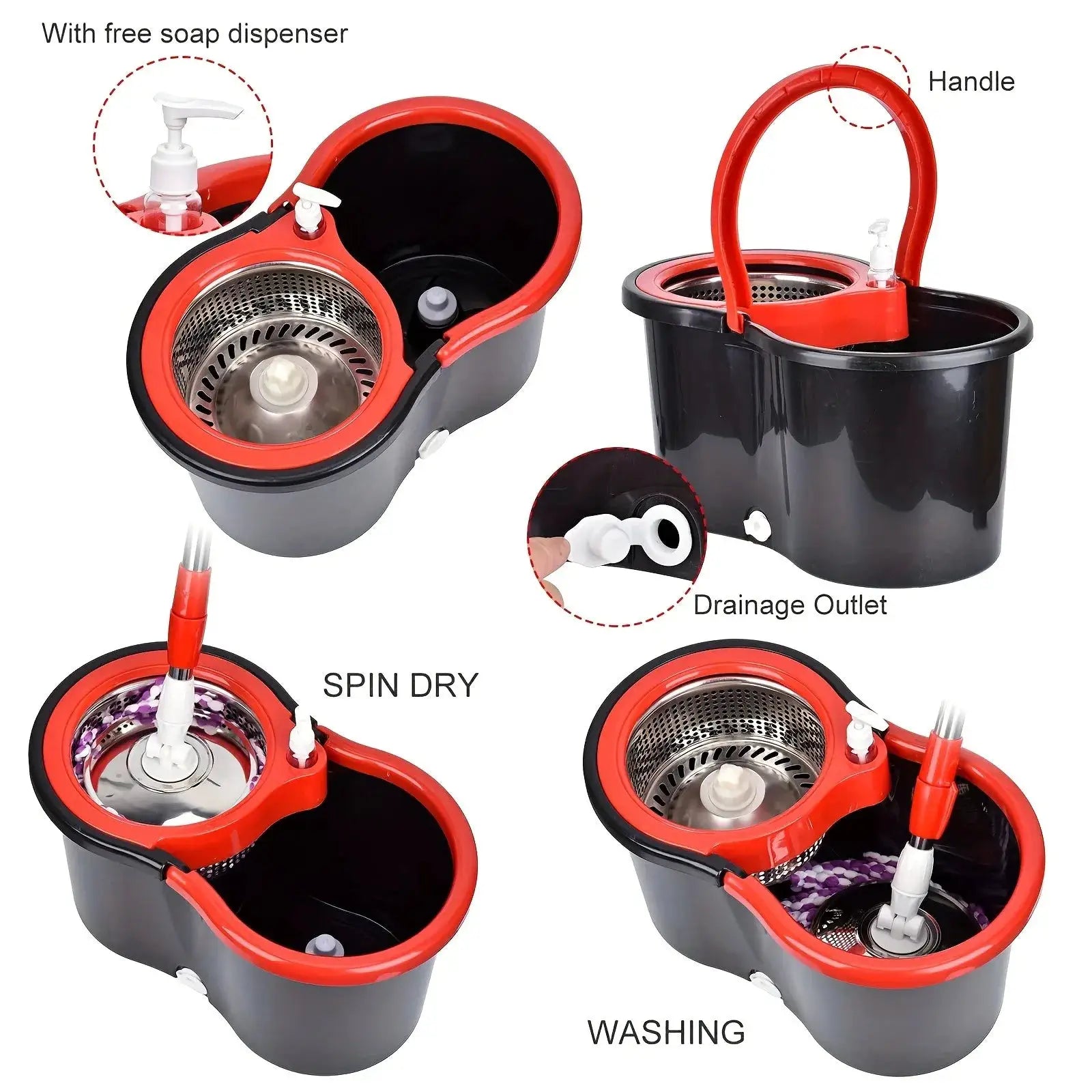 Mop Bucket with Wringer Set, 360 Rotation Mop Bucket Systerm for Floor Cleaning with 3 Microfiber Mop Head for Office And Home Use, Black from PriceLows™