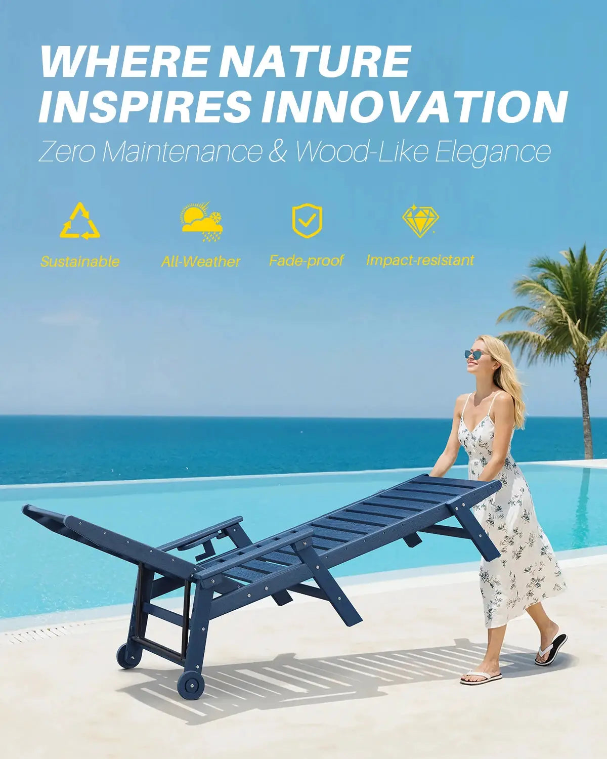 SeeHill Navy HDPE Patio Chaise Lounge Chair, 78.4'' Outdoor Lounger, Poly 5-Position Patio Adirondack Chair with Wheels from PriceLows™