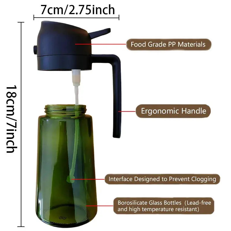 Oil Dispenser Sprayer | 16 Oz Capacity | Glass Bottle | 2 Pack