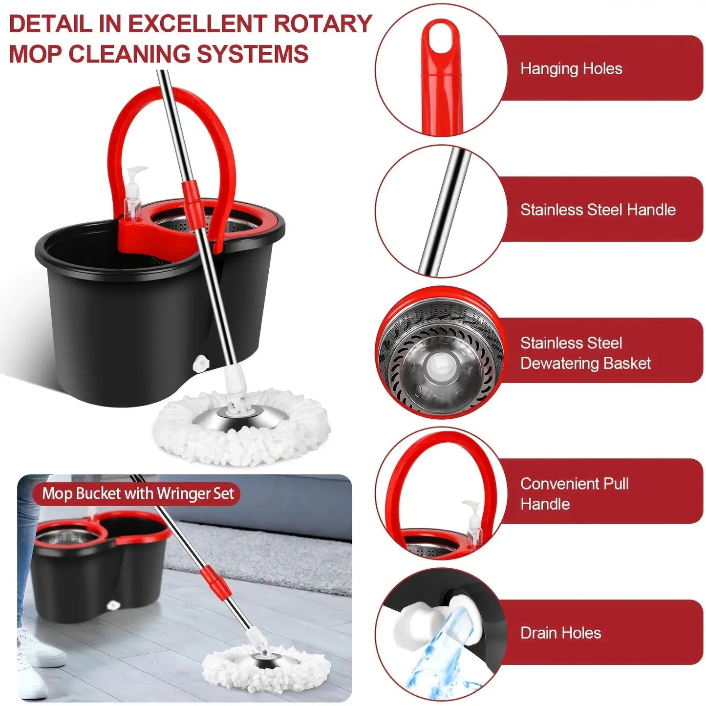 Mop Bucket with Wringer Set, 360 Rotation Mop Bucket Systerm for Floor Cleaning with 3 Microfiber Mop Head for Office And Home Use, Black from PriceLows™