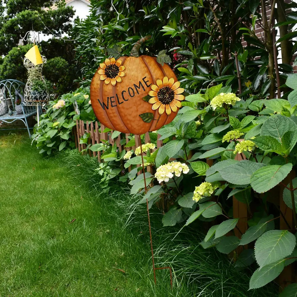 36.75" Height Pumpkin Yard Sign Stakes Fall Welcome Signs with 2 Sunflowers Metal Pumpkin Garden Decoration for Halloween Gift from PriceLows™