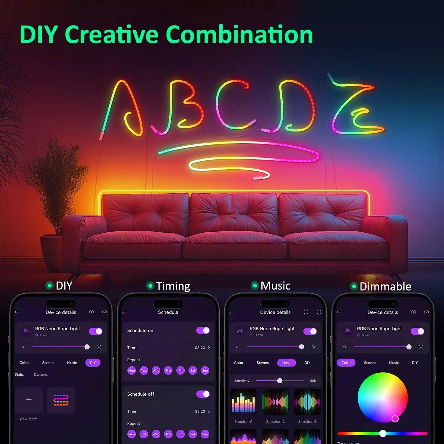 Neon LED Strip Lights 1m 2m 3m Silicone Neon Rope Light Music Sync DIY APP MeRGBW Multicolor Chasing Strip Tape Room Wall Decor from PriceLows™