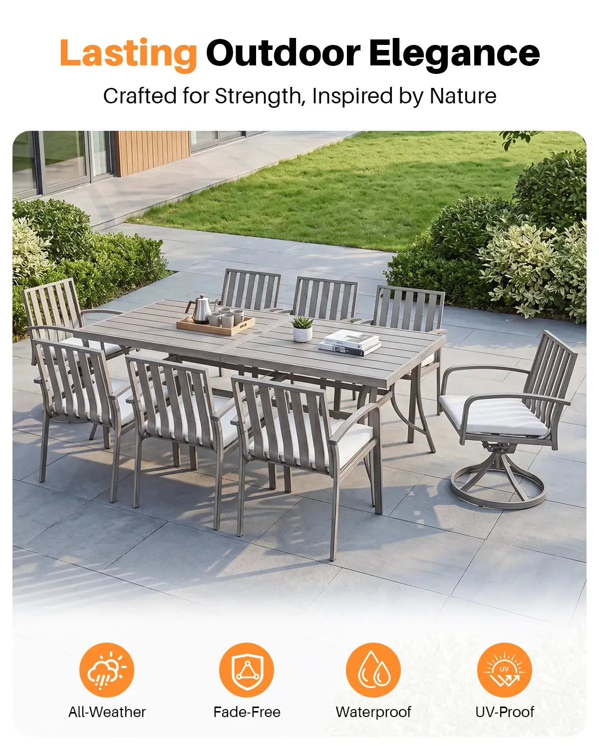SeeHill 9-Piece Patio Dining Set, Aluminum Table with 6 Chairs and 2 Swivel Chairs, Umbrella Hole, Deck, Garden, Limed Oak from PriceLows™