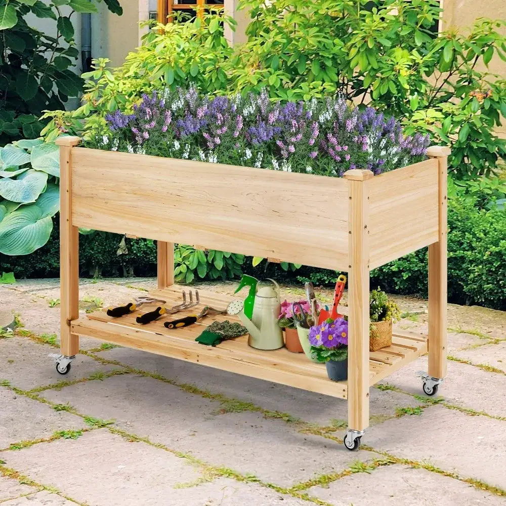 Raised Garden Bed Wood Elevated Planter Bed w/Lockable Wheels Shelf & Liner from PriceLows™