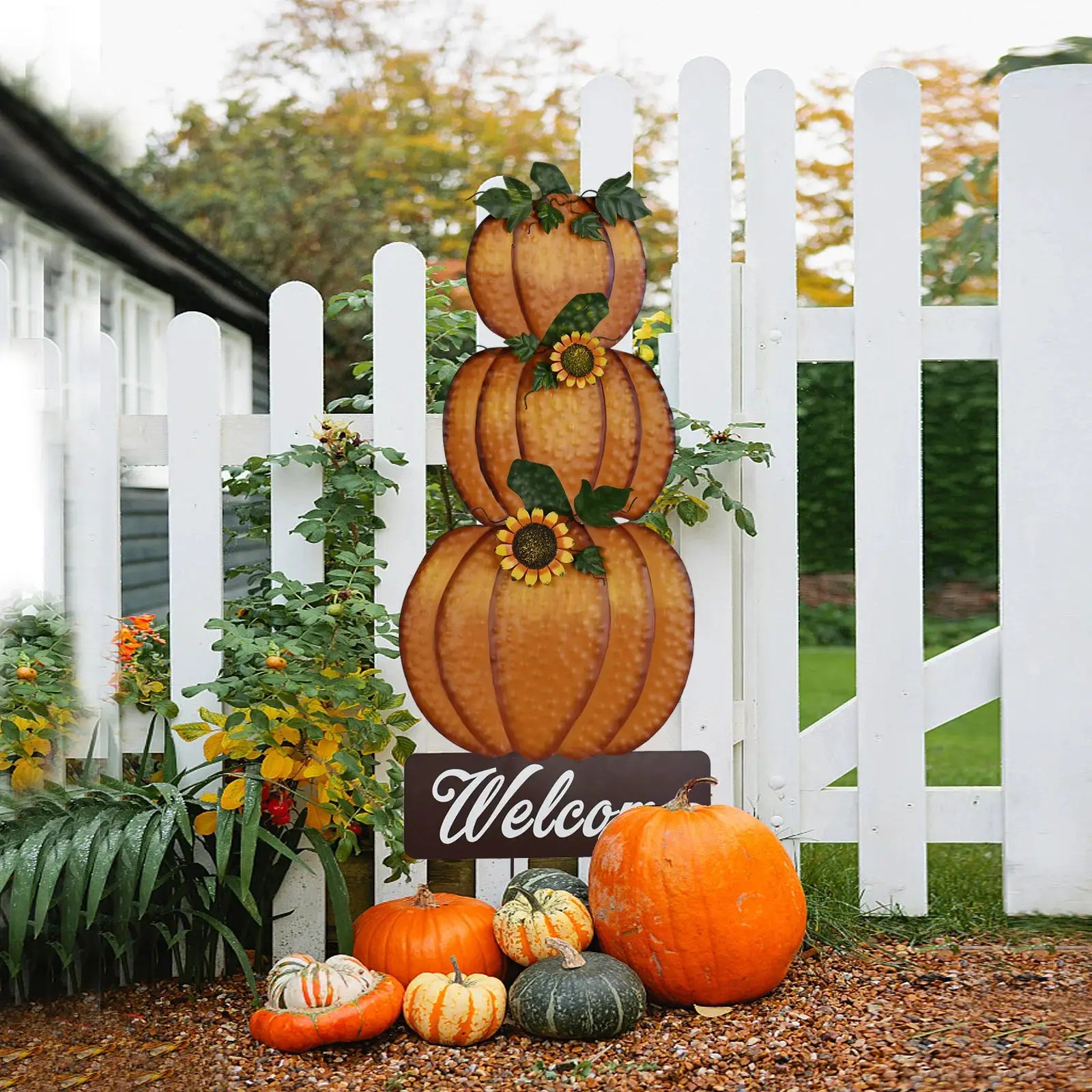 3 pcs Metal Pumpkin Yard Stake Sign Outdoor Fall Yard Decor Stacked Pumpkin Welcome Sign Decorative Garden Thanksgiving Stake from PriceLows™