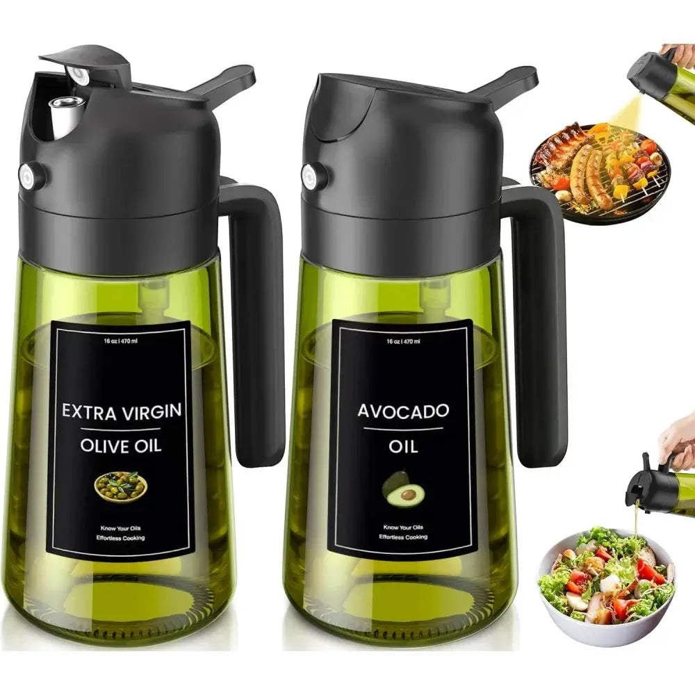 Olive Oil Dispenser Bottle | 470ml | Dark Green Glass | 2 In 1 Sprayer