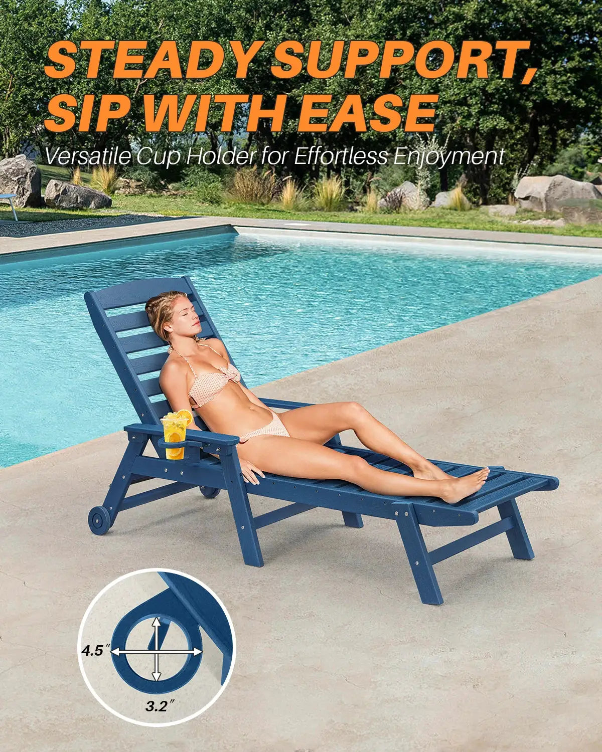 SeeHill Navy HDPE Patio Chaise Lounge Chair, 78.4'' Outdoor Lounger, Poly 5-Position Patio Adirondack Chair with Wheels from PriceLows™