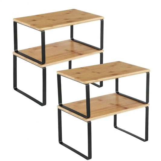 4 Pack Cabinet Organizer Shelf, Kitchen Counter Shelves, Kitchen Storage, Spice Rack, Stackable, Expandable, Metal And Engineered Wood, Ink Black And Natural Beige from PriceLows™