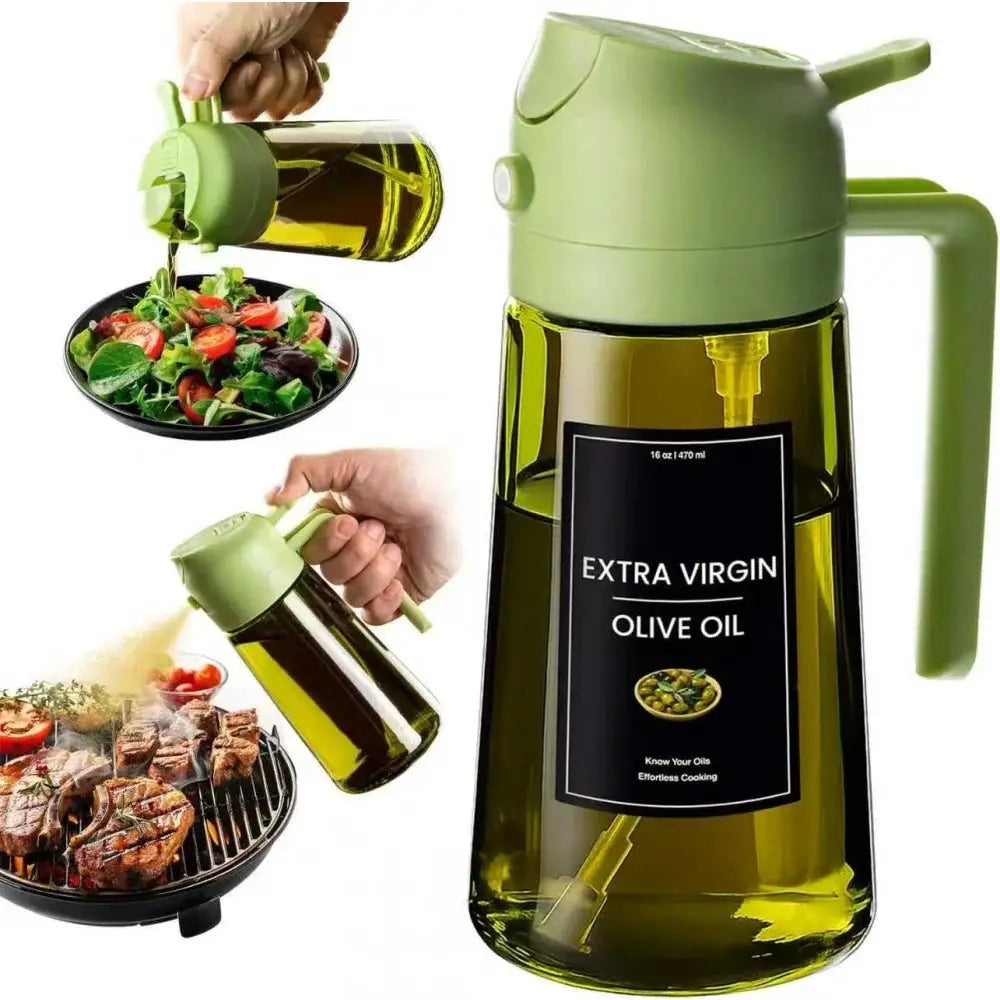Olive Oil Dispenser Bottle | 470ml | Dark Green Glass | 2 In 1 Sprayer