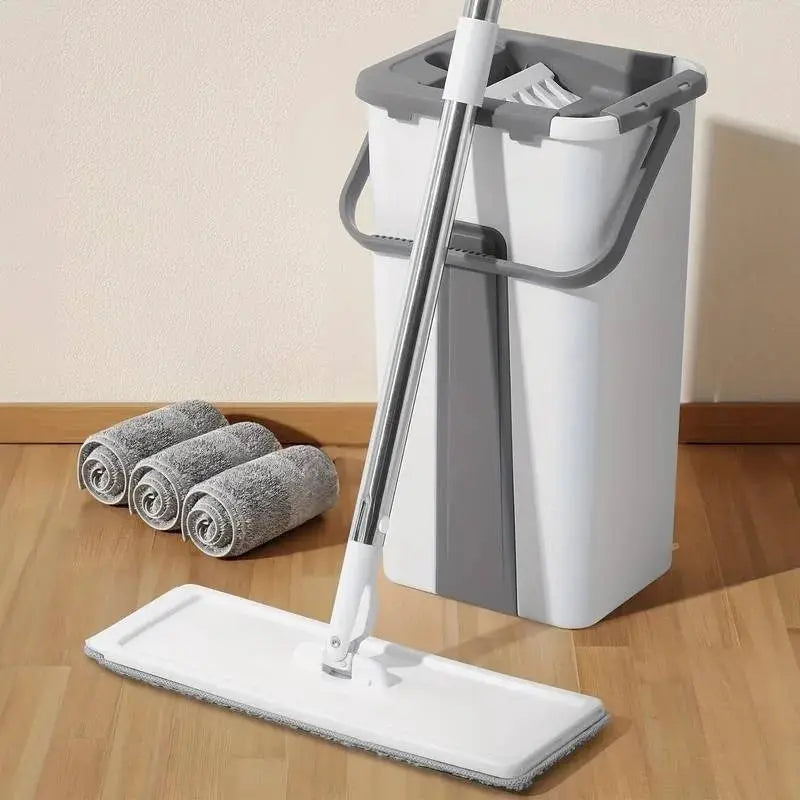 Hands-free flat floor mop + bucket set! 3 washable fibre mop pads for wet & dry use. 360-degree spin = less work for you from PriceLows™