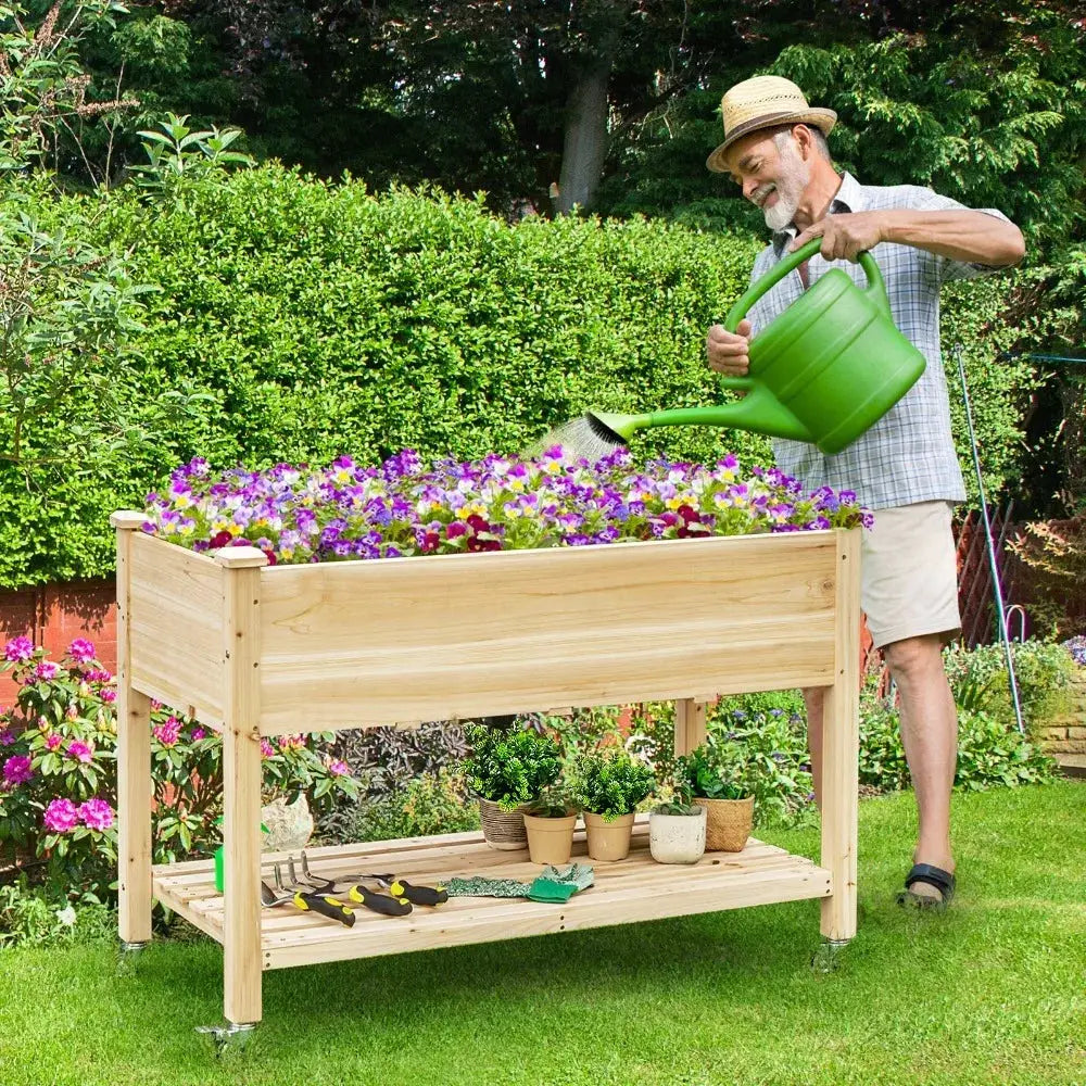 Raised Garden Bed Wood Elevated Planter Bed w/Lockable Wheels Shelf & Liner from PriceLows™