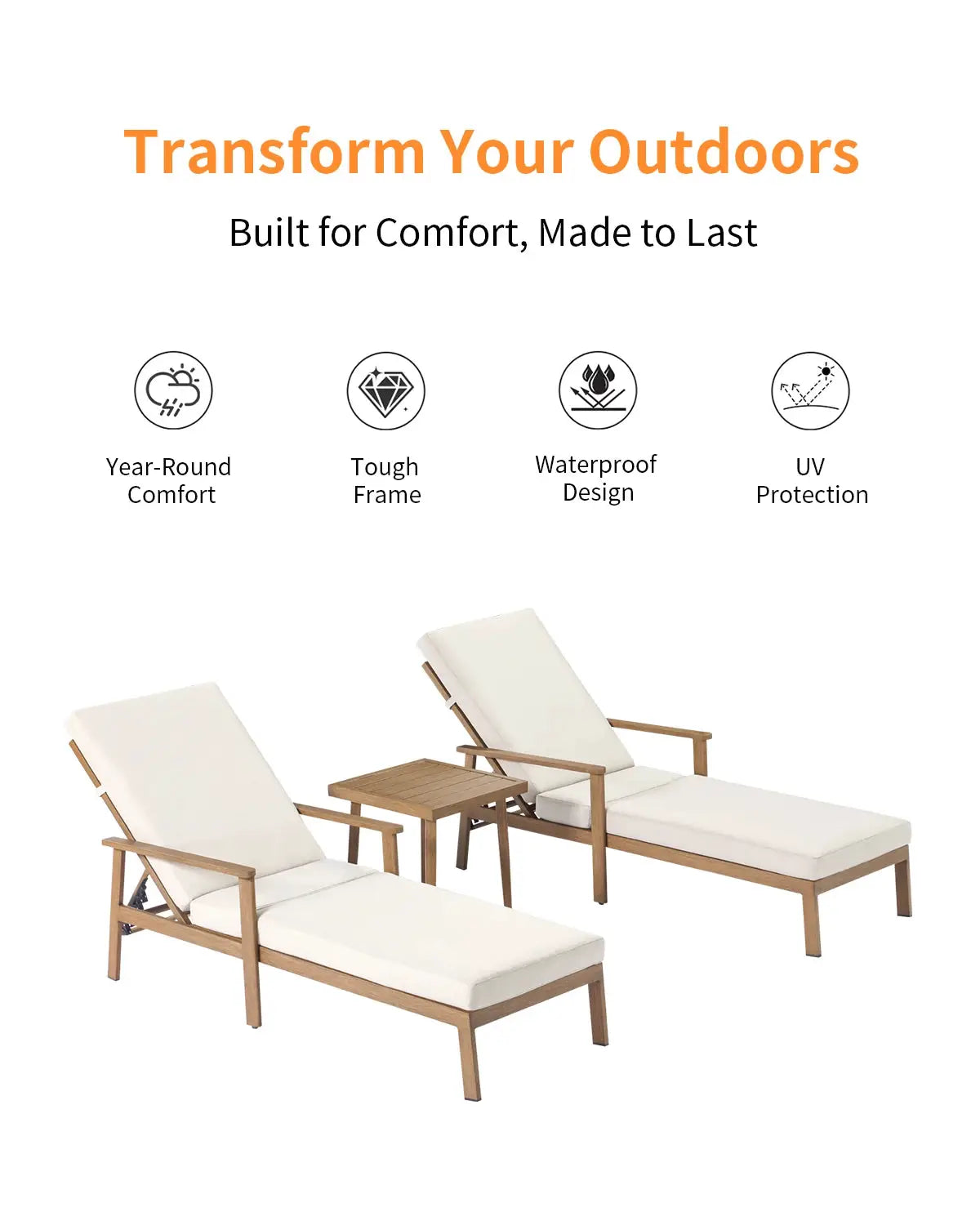 SeeHill Teak 3-Piece Outdoor Lounge Chair Set, Aluminum Chaise Loungers with Cushions and Side Table for Patio, Beach or Pool from PriceLows™