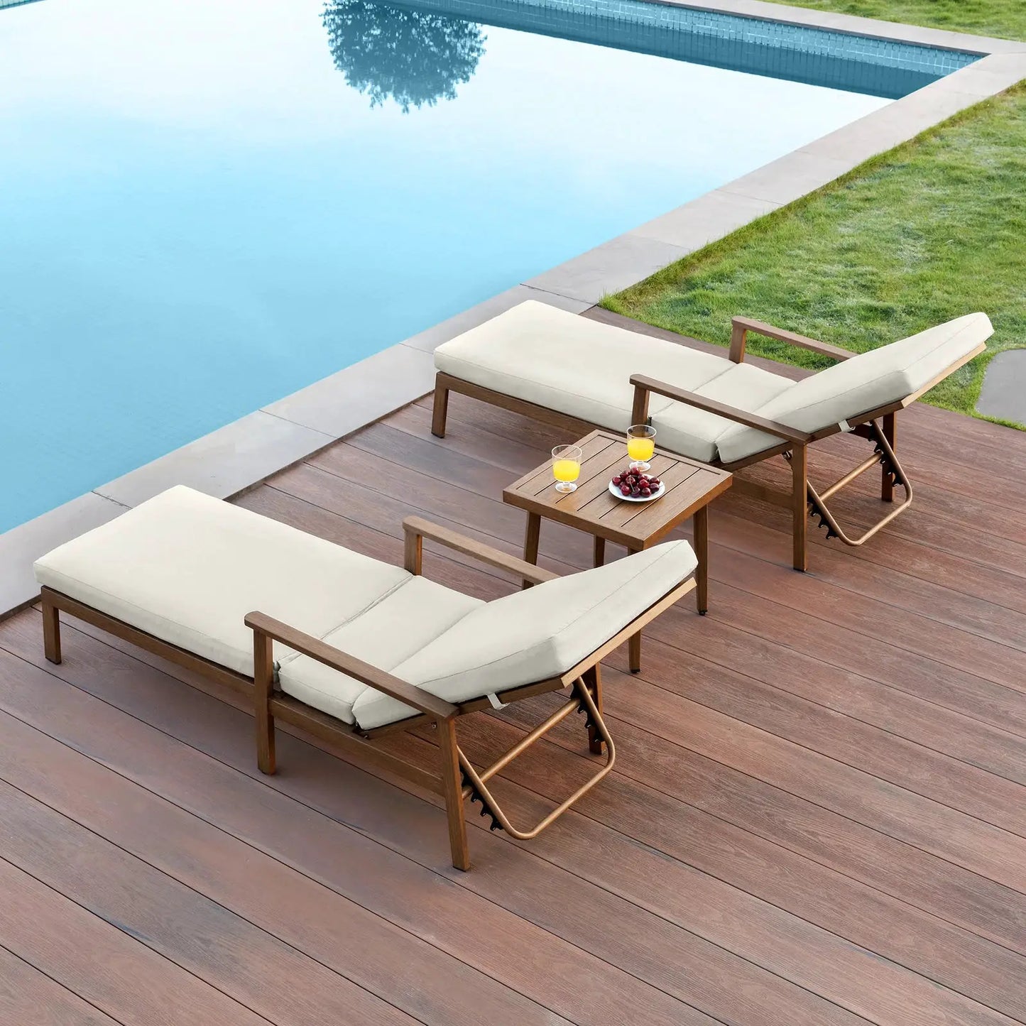 SeeHill Teak 3-Piece Outdoor Lounge Chair Set, Aluminum Chaise Loungers with Cushions and Side Table for Patio, Beach or Pool from PriceLows™