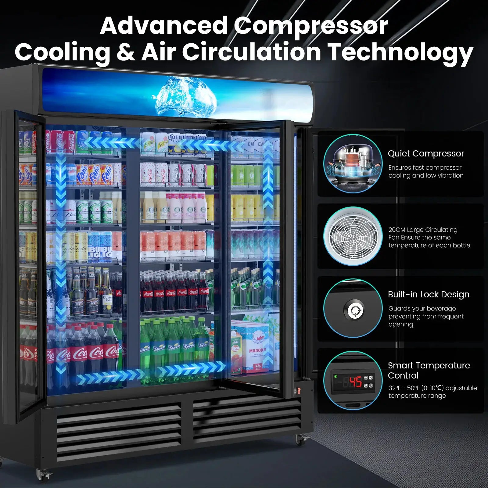 56 Cu Ft Commercial Display Fridge for Beverage 3 Glass Door Upright Refrigerator Merchandiser with Front LED Light for Shop Bar from PriceLows™