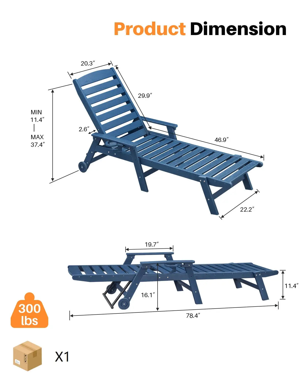SeeHill Navy HDPE Patio Chaise Lounge Chair, 78.4'' Outdoor Lounger, Poly 5-Position Patio Adirondack Chair with Wheels from PriceLows™