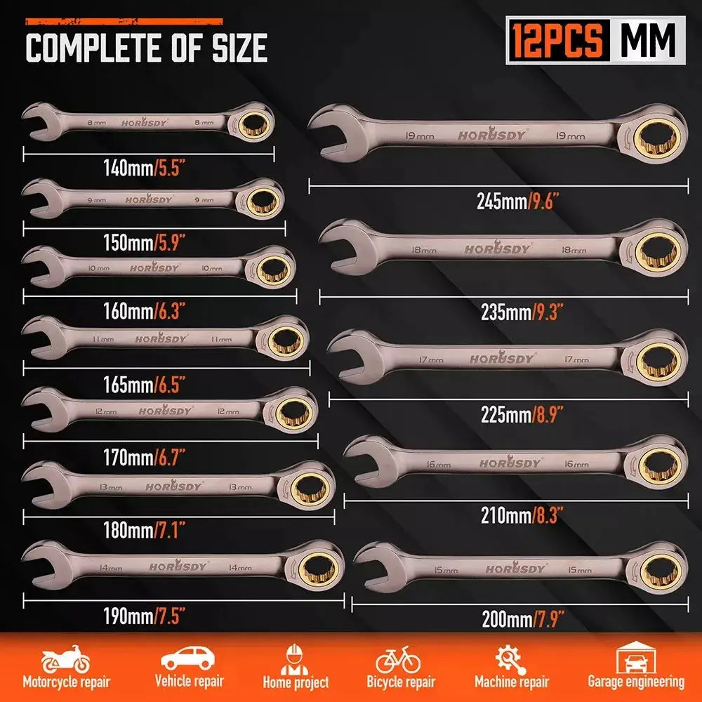HORUSDY 12Pc Ratchet Spanner Set Metric Wrench Spanners ‎‎Nickel Plating 8-19MM from PriceLows™